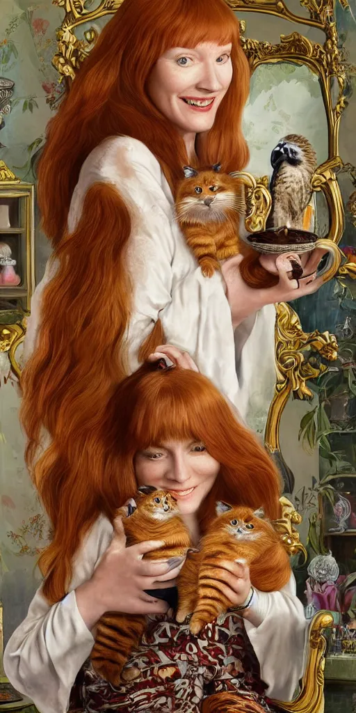 Image similar to a stunning hyper-detailed photorealistic painting of only one slender beautiful smiling woman with long ginger hair and bangs, wearing a luxurious silk robe, wearing headphones and posing with her large ginger tabby cat and her raccoon and parrots in an overstuffed easy chair in her sunlit victorian living room, holding a porcelain parrot-shaped coffee mug and a donut, perfect eyes, fashion photography, cinematic lighting, octane render, IBEX Masters, unreal engine, 85 mm lens,