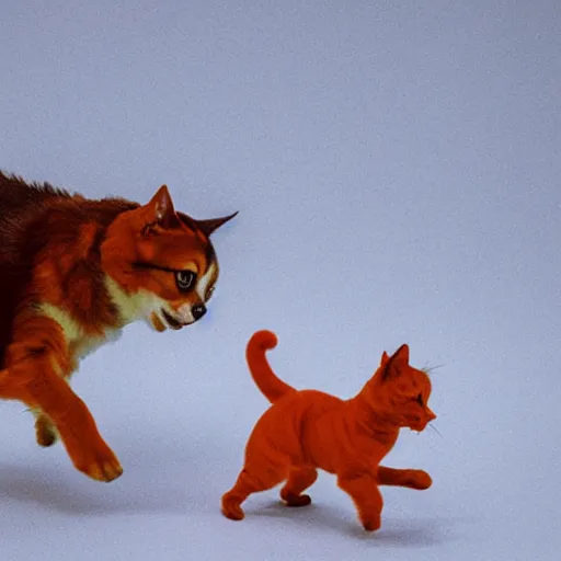 Image similar to a small dog being chased by a big fat orange cat