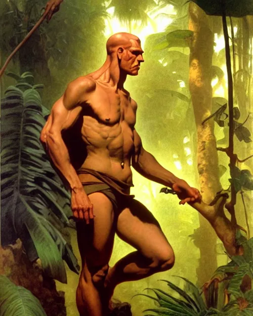 Prompt: doc savage in the jungle, fantasy character portrait, ultra realistic, concept art, intricate details, highly detailed by soft light, volumetric light, misty, william adolphe bouguereau, munch, maxfield parrish, james bama, and frank frazetta