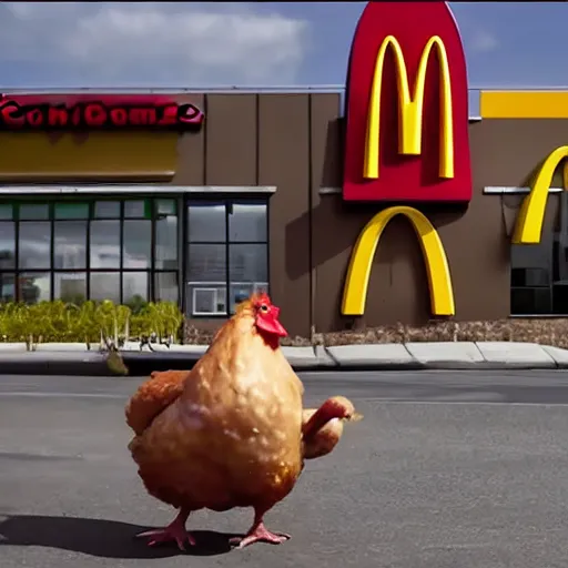 Prompt: giant chicken destroying a mcdonalds, vfx, film, hd