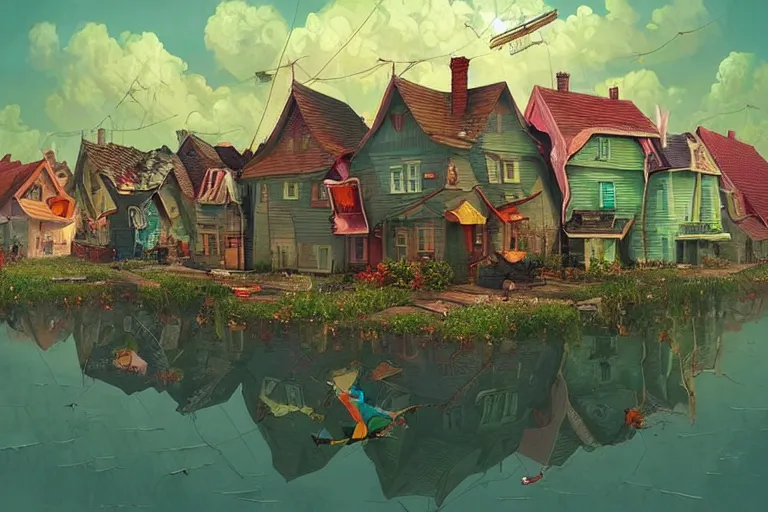 Prompt: surreal city, floating houses in the sky, summer morning, very coherent and colorful high contrast, art by!!!! gediminas pranckevicius!!!!, geof darrow, dark shadows, hard lighting