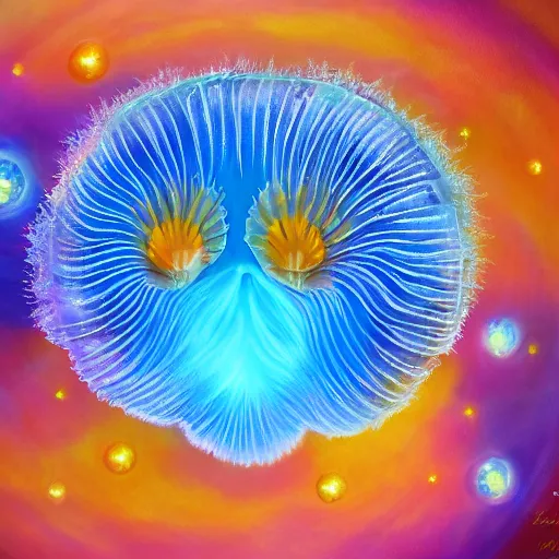 Image similar to furry jellyfish creature in magical realism luminescent airbrush underwater mystical world detailed painting 4 k