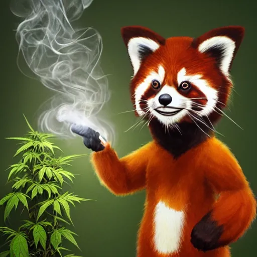 Prompt: anthropomorphic red panda, holding a bag of catnip, smoking a cigar, in front of hemp plants, happy dopey expression, squinting, beautiful lighting, high quality digital art, trending on artstation