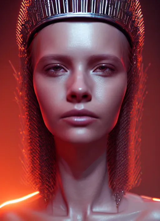 Image similar to 3 / 4 portrait, emma bot queen, crown, futuristic fashion clothing, brunette, long hair, id magazine, hyperrealism, detailed textures, photorealistic, 3 d cyberpunk apocalyptic city, ultra realistic, cinematic, intricate, cinematic light, unreal engine 8 k, octane render, unreal engine, david kostic, artgerm