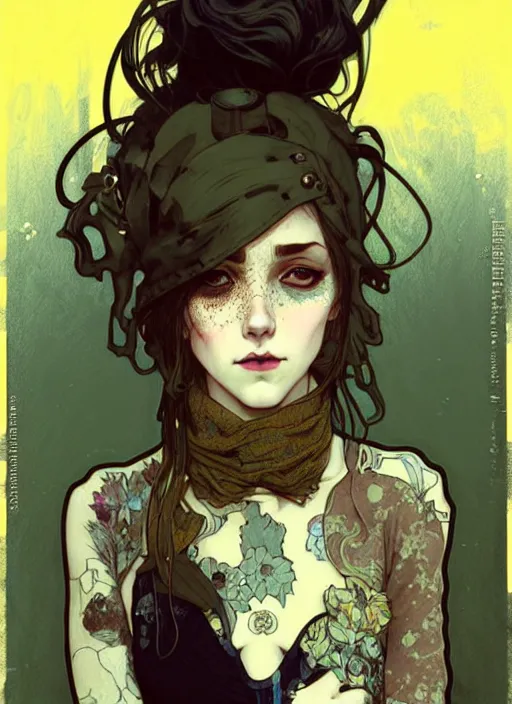 Image similar to highly detailed portrait of a moody sewerpunk young adult lady with a harris tweed holdy by greg tocchini, by krenz cushart, by alphonse mucha, by kaethe butcher, gradient yellow, black, brown and cyan color scheme, grunge aesthetic!!! ( ( graffiti tag city background ) )