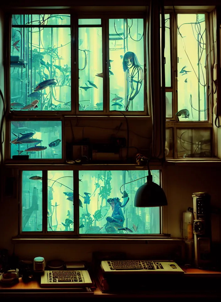 Image similar to telephoto 7 0 mm f / 2. 8 iso 2 0 0 photograph depicting the feeling of chrysalism in a cosy cluttered french sci - fi minimalist ( art nouveau ) cyberpunk apartment in a dreamstate art cinema style. ( ( computer screens, window, sink, lamp ( ( ( fish tank ) ) ) ) ), ambient light.