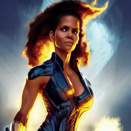 Prompt: halle berry as the character strom from x - men, white hair, lightning beings, epic splash cover art, meeting chadwick boseman black banther, by artgerm, greg rutkowski, james gurney, alex ross