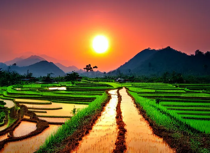 Image similar to a road between rice paddy fields, two big mountains in the background, big yellow sun rising between 2 mountains, indonesia travel photo