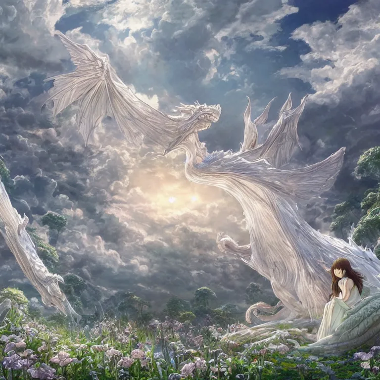 Image similar to the beautiful hyper detailed scene render that a lonely beautiful girl lies in the arms of a huge silver white dragon alone in fairyland surrounded by white clouds, finely detailed angelic face delicate, style of studio ghibli, makoto shinkai, raphael lacoste, louis comfort tiffany, artgerm, james jean, ross tran, animation style, hd, ultra wide angle