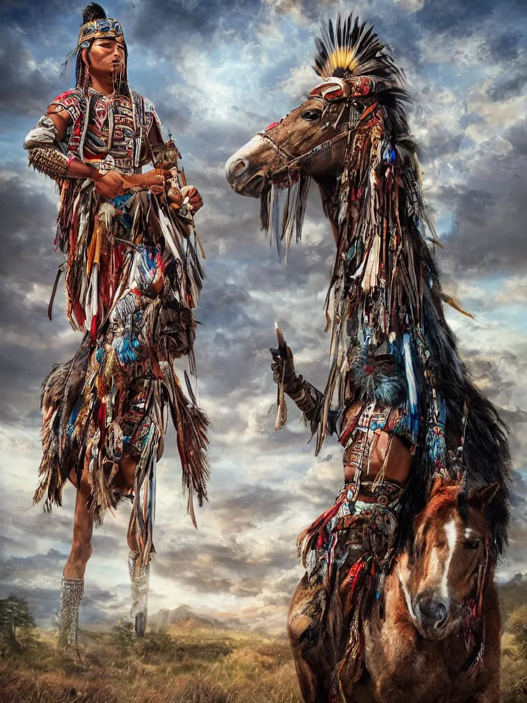 Prompt: American Indian warrior, stands looking at his horse, sacred feathers adorn, in a valley of quartz crystals, camp fire glows, hyper realistic, dystopian, solarpunk, steampunk, Mayan gods, realism, scifi magic imagery, best algorithm, digital cinema camera, cooke lens feel, wide angle, 3D modelling, digital art, art by artgerm