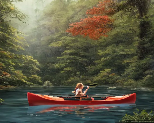 Image similar to a girl rowing a kayak in a river. forest, rocks, stream, ripples, female, atmospheric lighting. by makoto shinkai, stanley artgerm lau, wlop, rossdraws, james jean, andrei riabovitchev, marc simonetti, krenz cushart, sakimichan, d & d trending on artstation, digital art.