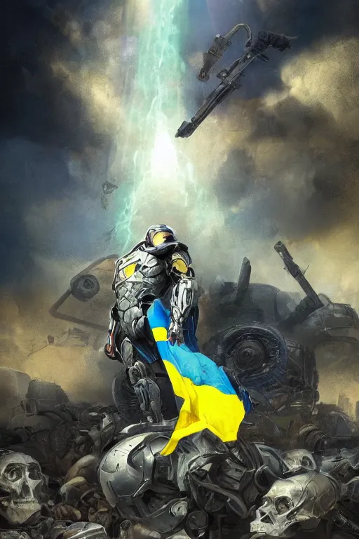 Image similar to a full body shot from distance of a super soldier with a Ukrainian blue and yellow stripes flag standing in the beam of light from the clouds on a pile of skulls and rotten cars as a winner, masculine figure, D&D, fantasy, intricate, elegant, highly detailed, digital painting, artstation, concept art, matte, sharp focus, symmetrical, illustration, hyperrealistic, art by Artgerm and Greg Rutkowski and Alphonse Mucha