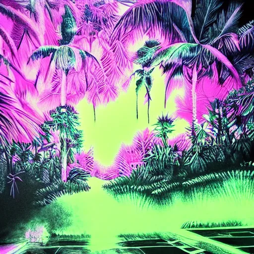 Image similar to vaporwave forest Hyper-realistic Highly detailed neon ink painting, trending on Art Station