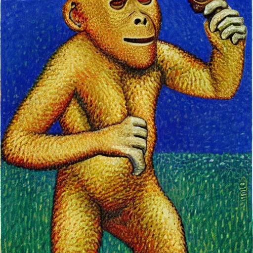 Prompt: photorealistic australopithecus holding a banana in modern - day france. by paul signac