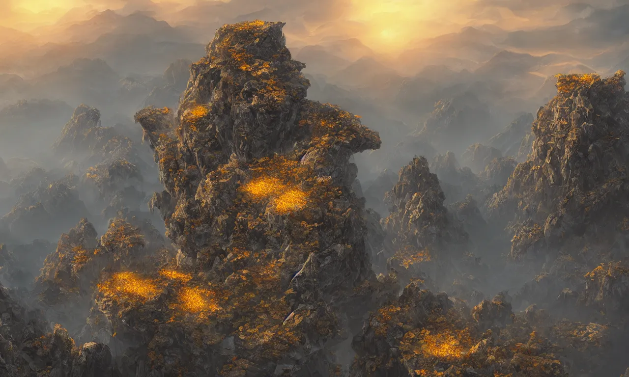 Image similar to breathtaking detailed digital painting of an aerial view of luxurious nature, mountains rocks at dawn with intricate ribbons and golden petals flying, with moody dark tumultuous clouds, by dao trong le, artstation, concept art, matte, 8 k,