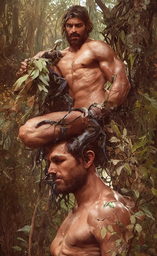 Image similar to god of the forest, 3 0 years old, rugged handsome, male, gorgeous, detailed face, clean lines, cinematic light, amazing, full body, flowers, muscular, intricate, highly detailed, digital painting, artstation, concept art, sharp focus, illustration, art by greg rutkowski and alphonse mucha