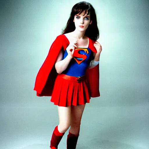 Prompt: Young Winona Ryder as Super Girl, 30mm, studio lighting, photo shoot, movie still