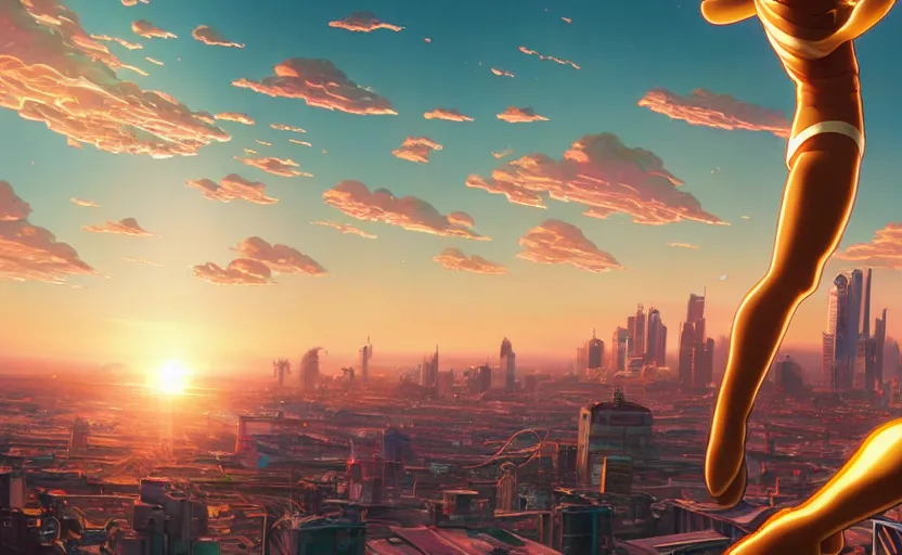 Prompt: Panoramic city view of the anime character Astroboy, golden hour sunlight, award winning painting, artstation, concept art, digital painting, Unreal Engine 5, 8K, art by artgerm and greg rutkowski and makoto shinkai and alphonse mucha and ross tran