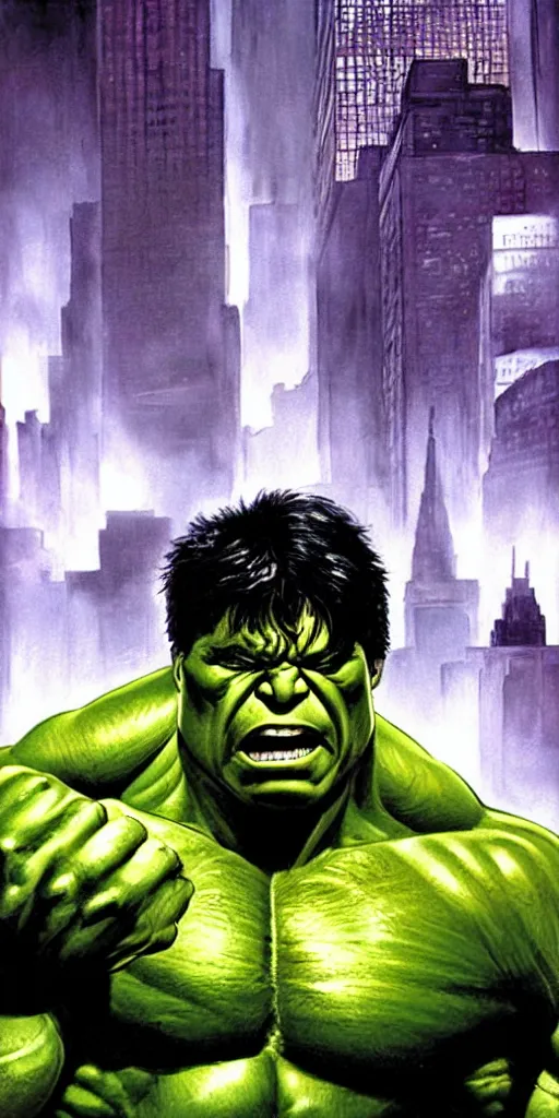 Image similar to a portrait of the incredible hulk looking angry in new york city by alex ross dramatic lighting.