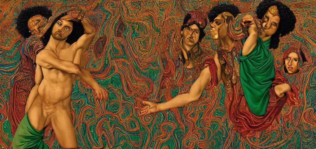 Image similar to an abstract spiritual background, multiracial greek gods dancing, green eyes. 2 4 mm, photorealistic, muted color scheme, directed by mati klarwein and mat collishaw