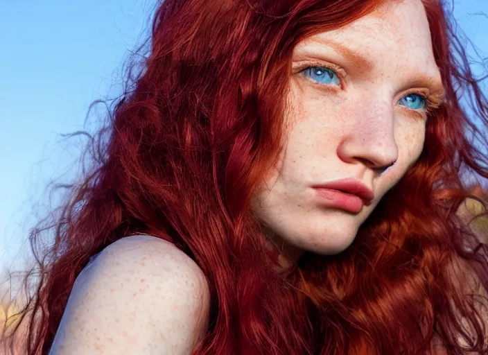 Image similar to close up portrait photograph of a thin young redhead woman with russian descent, sunbathed skin, with deep blue eyes. Wavy long maroon colored hair. she looks directly at the camera. Slightly open mouth, face takes up half of the photo. a park visible in the background. 55mm nikon. Intricate. Very detailed 8k texture. Sharp. Cinematic post-processing. Award winning portrait photography. Sharp eyes.