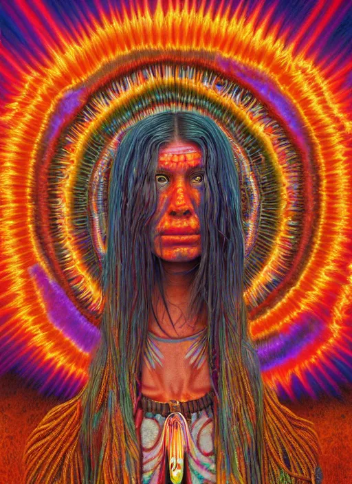 Image similar to portrait ultra dimensional native american woman shaman, accidentally tripping on dmt and acid, psychedelic experience, overwhelming psychosis of self realization and burning awakening, ultra high definition, unreal engine 5, hyperrealism, masterpiece composition, by casey weldon, barclay shaw