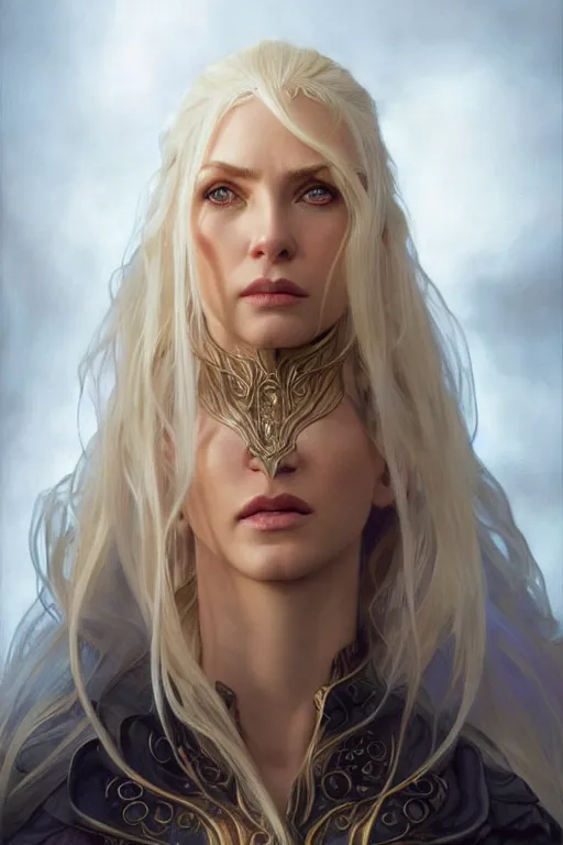 Image similar to portrait of an old blonde elven mage, dark, piercing eyes, gentle expression, elegant clothing, photorealistic, highly detailed, artstation, smooth, sharp focus, art by michael whelan, artgerm, greg rutkowski and alphonse mucha