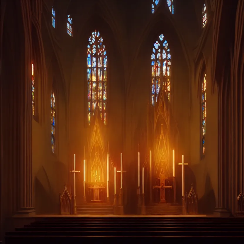 Image similar to curch with altar in glory light, digital painting, greg rutkowski, artstation, cinematic, matte painting