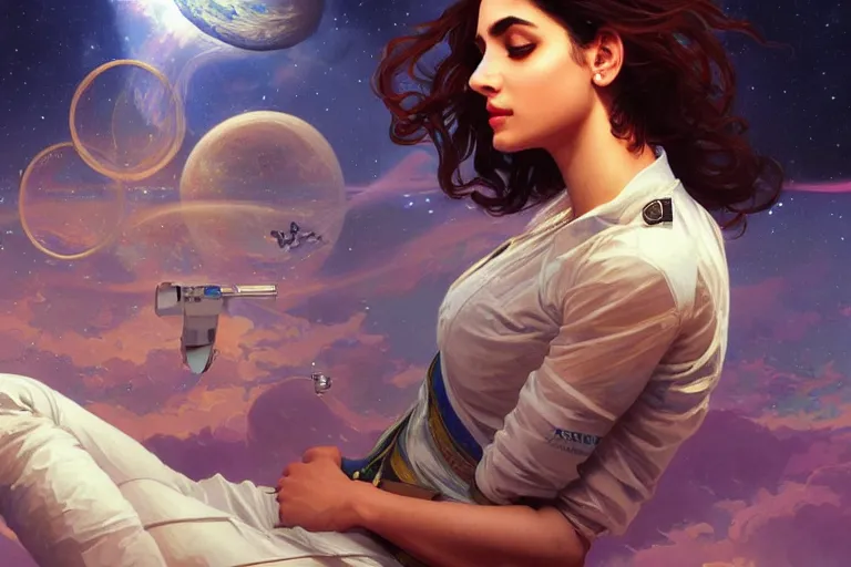 Image similar to Sensuous good looking pale young Indian doctors wearing jeans in a space station above Earth, portrait, elegant, intricate, digital painting, artstation, concept art, smooth, sharp focus, illustration, art by artgerm and greg rutkowski and alphonse mucha