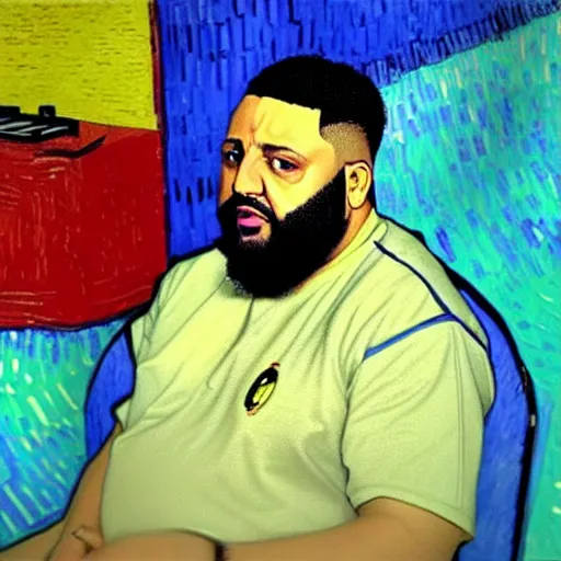 Image similar to ultra realistic portrait of dj khaled in a studio, ultra detailed, under blue, red and yellow cinematic lighting, by van gogh, cartoon