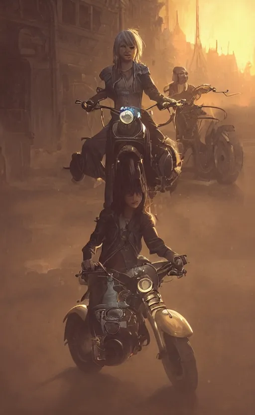 Image similar to a girl from final fantasy live action, dieselpunk motorcyclist, evocative, mystical night, very very very very detailed, award winning, masterpiece digital painting by greg rutkowski, alex grey, artstation, 4 k wallpaper