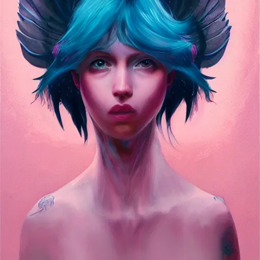 Image similar to beautiful warrior angel with pink hair, upper body, blue piercing eyes, mystery, love, thin features, beautiful aesthetic, by james jean, trending on artstation, digital art