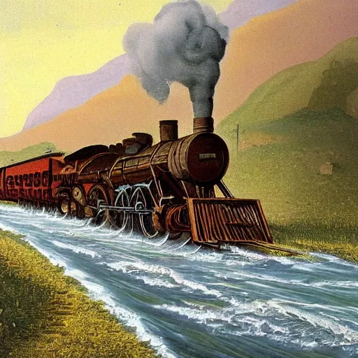 Prompt: western expansion painting, manifest destiny, USA, turn of the century, railroad, rivers