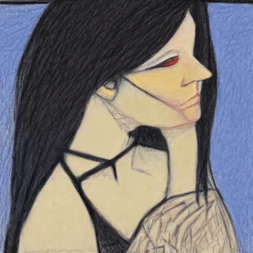 Image similar to a woman with long hair and a black shirt, a pastel by minerva j. chapman, tumblr contest winner, cubism, goth, gothic, messy