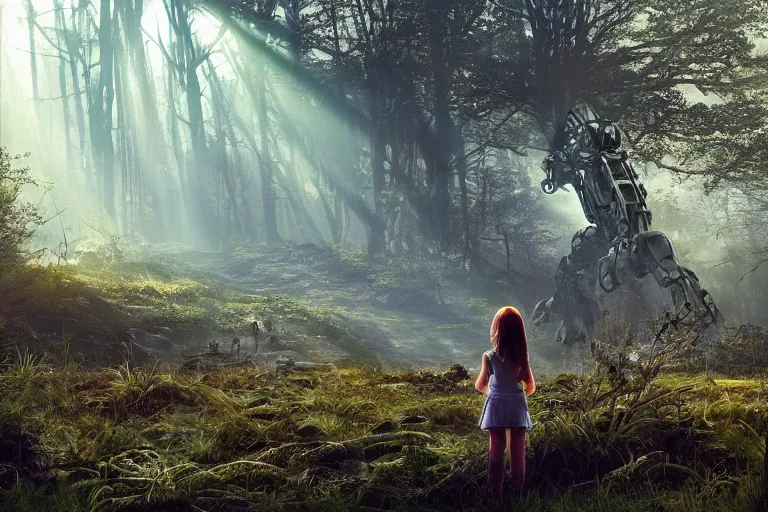 Image similar to the great beyond, sci - fi scene future new york, little girl holding a hand of a big robot, forest punk, crepuscular rays, epic scene, hyper realistic, photo realistic, overgrowth, cinematic atmosphere, ethereal lighting, style of john - waterhouse