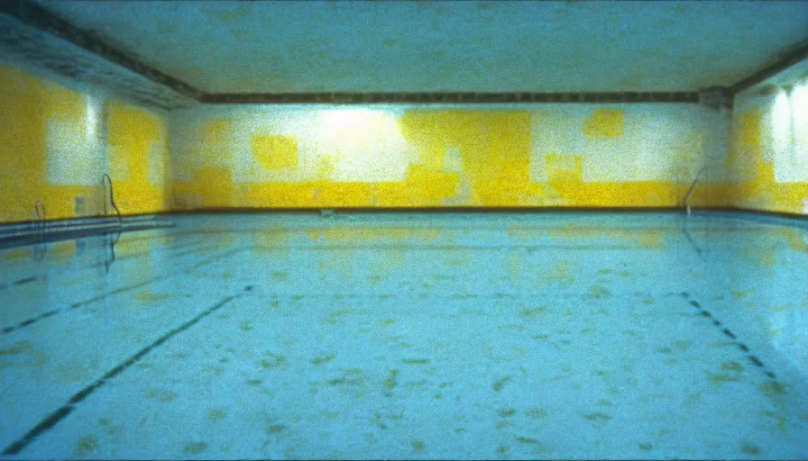 Prompt: movie still by andrei tarkovsky of an empty municipal swimmingpool with yellow tiles with light blue tiles, high quality, high detail, liminal space style