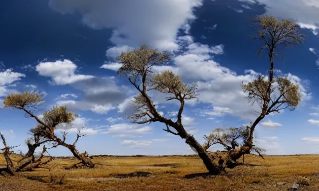 Image similar to panorama of big raindrops flying upwards into the perfect cloudless blue sky from a dried up river in a desolate land, dead trees, blue sky, hot and sunny highly-detailed, elegant, dramatic lighting, artstation, 4k, cinematic landscape, photograph by National Geographic