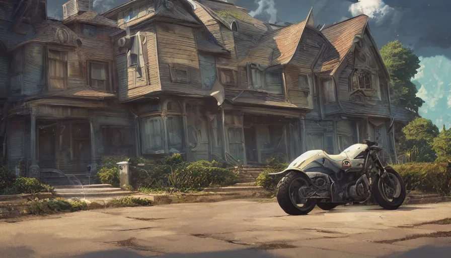 Prompt: science fiction motorcycle parked in front of an old house, medium shot, studio Ghibli, Pixar and Disney animation, sharp, very detailed, high resolution, Rendered in Unreal Engine 5, anime key art by Greg Rutkowski, Bloom, dramatic lighting