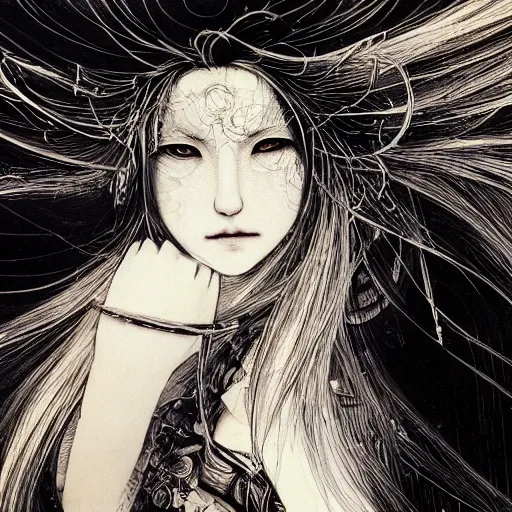 Image similar to yoshitaka amano blurred and dreamy realistic illustration of an anime girl with black eyes, wavy white hair fluttering in the wind and cracks on her face wearing elden ring armor with engraving, abstract black and white patterns in the background, noisy film grain effect, highly detailed, renaissance oil painting, weird portrait angle, three quarter view, head turned to the side