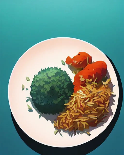 Image similar to a plate with suhi and cooked rice on a kitchen table, cory loftis, james gilleard, atey ghailan, makoto shinkai, goro fujita, studio ghibli, rim light, exquisite lighting, clear focus, very coherent, plain background, soft painting