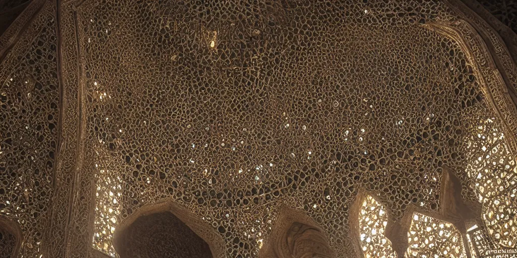 Image similar to an iwan with intricate muqarnas made of glowing obsidian and white marble, beautiful, volumetric lighting, cinematic lighting, golden hour