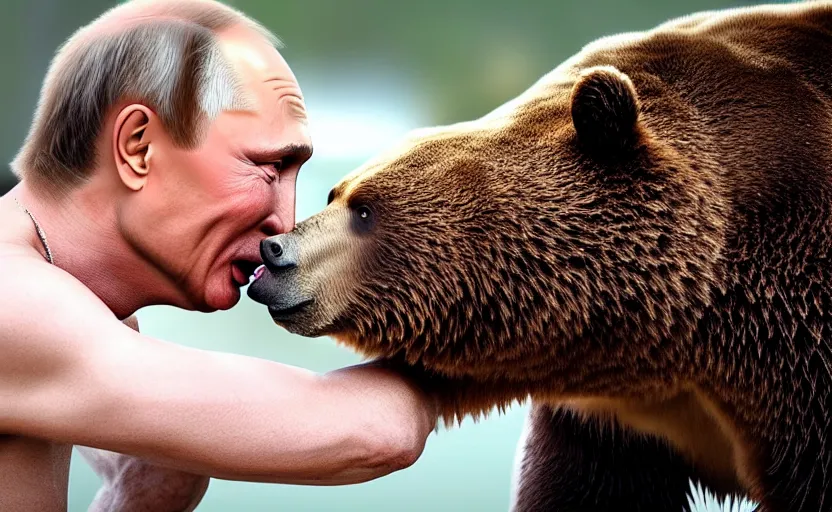 Image similar to vladimir putin kisses a bear, french kiss, lovely kiss, kiss mouth to mouth, romantic, emotional, love scene, insane details, clear face and eyes, textured, 8 k, professional photography, animal world, discovery channel