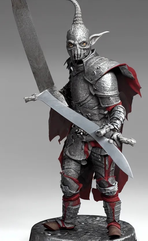 Image similar to Realistic Grey Goblin wearing cape and medieval armor holding a sword, 3D society, trending on artstarion, DND character, by Hirohiko Araki, 8K resolution, miniature, small character, beautiful