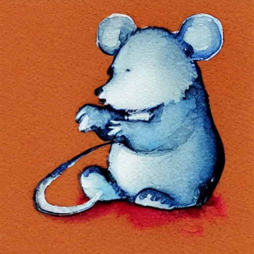 Image similar to a bear dreaming a thought bubble with a mouse in it, watercolor