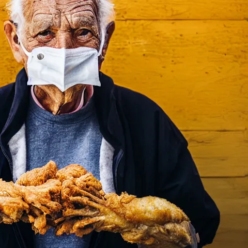Image similar to an elderly man wearing a mask made from fried chicken, bold natural colors, national geographic photography, masterpiece, 8 k, raw, unedited, symmetrical balance