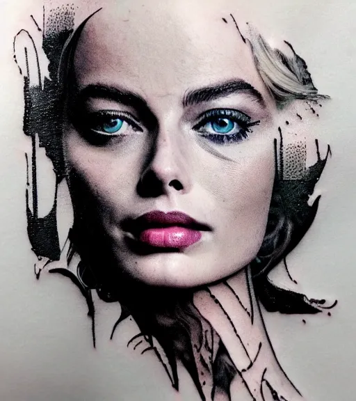 Image similar to tattoo design sketch double exposure of margot robbie faded in beautiful mountain scenery, creative mash up, in the style of arlo dicristina, surrealist, amazing detail, sharp