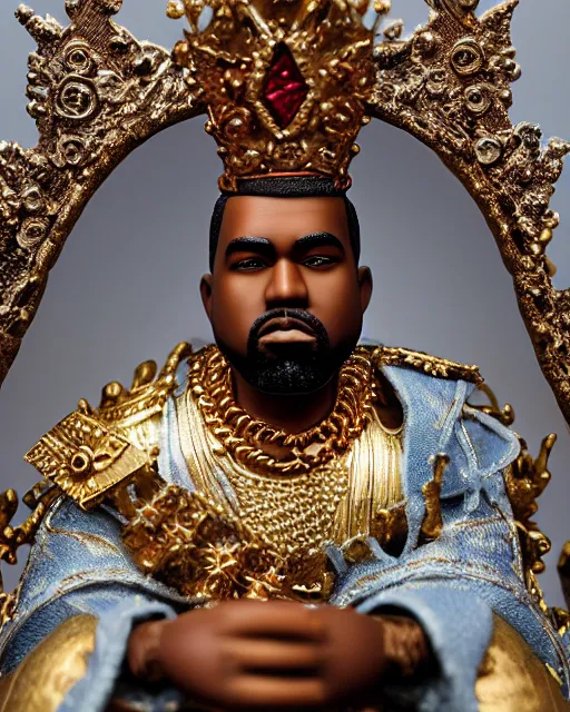 Image similar to highly detailed closeup, face profile portrait of a tin toy kanye west as a fairytale king wearing a crown and sitting on a throne, robes, depth of field, nicoletta ceccoli, mark ryden, lostfish, max fleischer, breathtaking, detailed and intricate environment, 8 k resolution, hyperrealistic, octane render