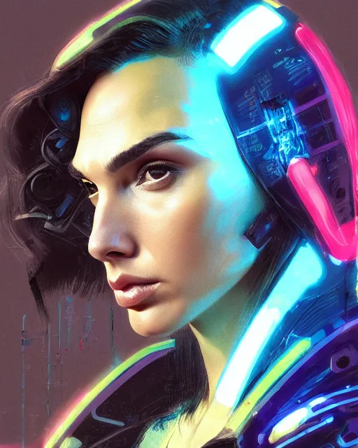 Image similar to detailed side profile portrait Gal Gadot, cyberpunk futuristic neon, reflective puffy coat, decorated with traditional Japanese ornaments by Ismail inceoglu dragan bibin hans thoma greg rutkowski Alexandros Pyromallis Nekro Rene Maritte Illustrated, Perfect face, fine details, realistic shaded, fine-face, pretty face