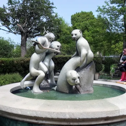 Prompt: an elaborate renaissance fountain featuring marble otter statues squirting water, displayed in a beautiful park