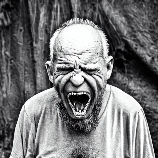 Image similar to insane old man in dark steel menace complex mouth